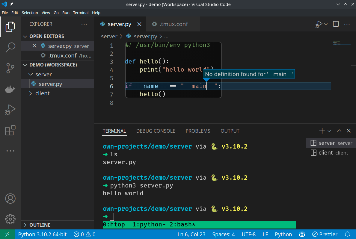 VS Code using tmux
